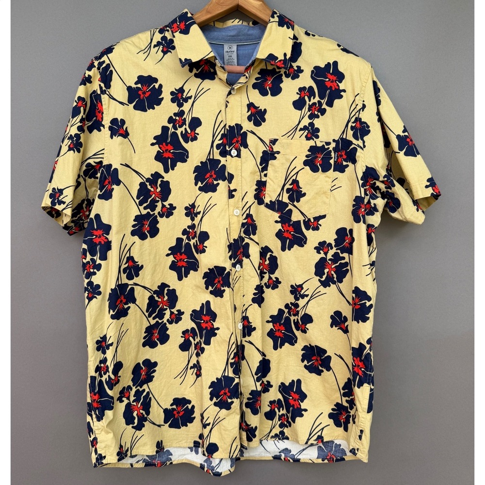 Hurley Mens XXL Floral Short Sleeve Button Down Shirt Yellow Hibiscus Pocket